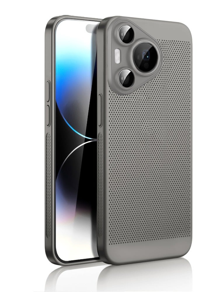 Heat Dissipation Case with Built in Camera Lens Protector Slim Fit Breathable Cooling Anti Fingerprint Hard PC Back Shockproof Cover For Huawei Pura P70 Pro (Grey)