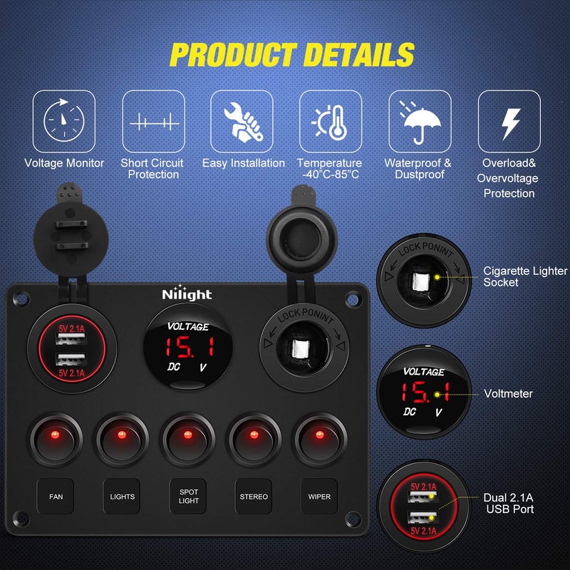 Nilight 5 Gang Multi Function Rocker Switch Backlit Dual USB Charger, Digital Voltmeter, 12V Outlet Pre-Wired Panel with Inline Fuse for RVs Cars Boats Trucks Trailers, Red (90124E) - Image 3