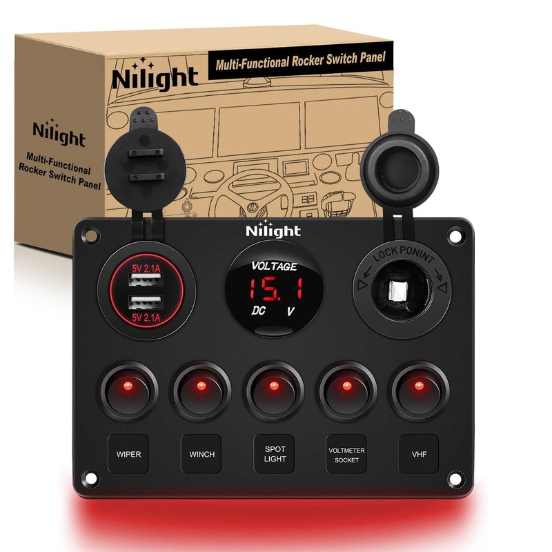 Nilight 5 Gang Multi Function Rocker Switch Backlit Dual USB Charger, Digital Voltmeter, 12V Outlet Pre-Wired Panel with Inline Fuse for RVs Cars Boats Trucks Trailers, Red (90124E) - Image 1