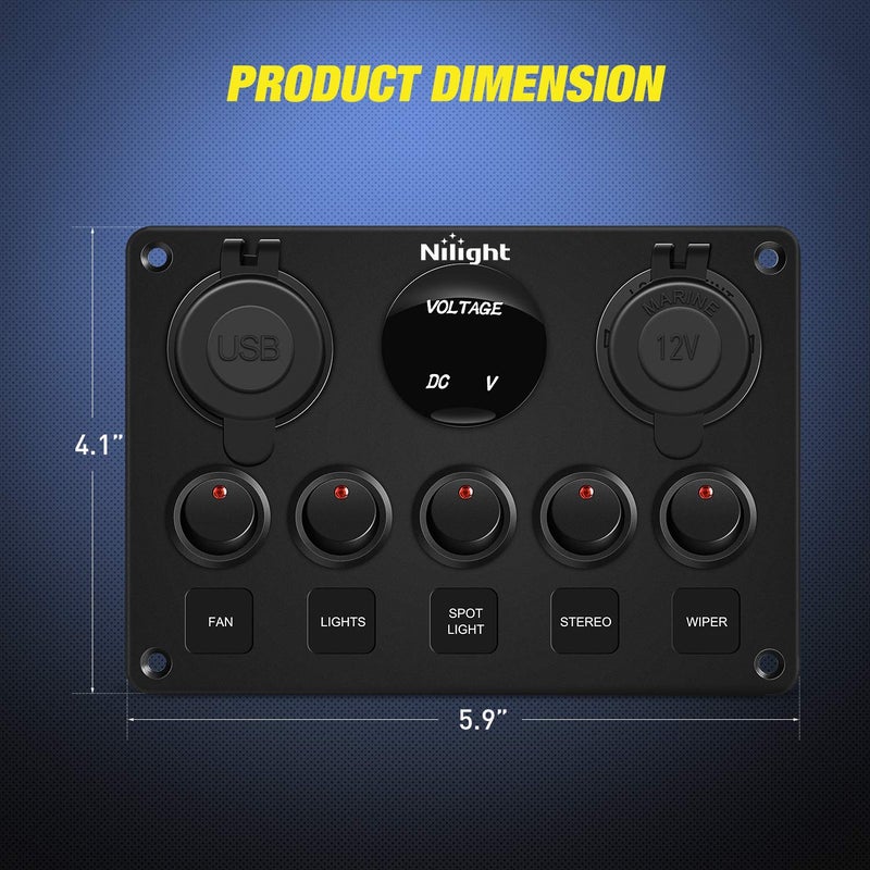 Nilight 5 Gang Multi Function Rocker Switch Backlit Dual USB Charger, Digital Voltmeter, 12V Outlet Pre-Wired Panel with Inline Fuse for RVs Cars Boats Trucks Trailers, Red (90124E) - Image 2