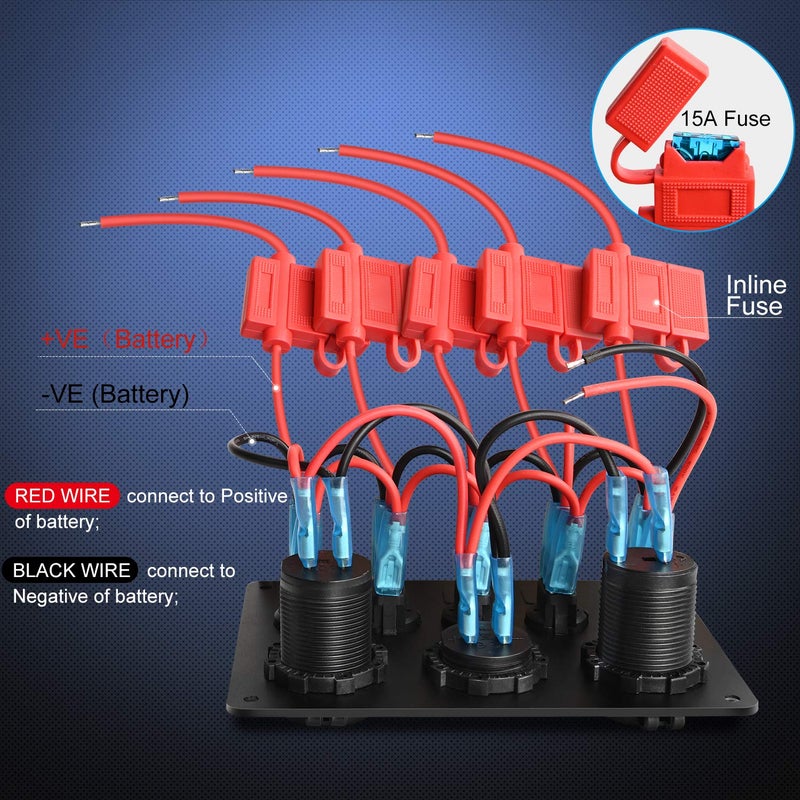 Nilight 5 Gang Multi Function Rocker Switch Backlit Dual USB Charger, Digital Voltmeter, 12V Outlet Pre-Wired Panel with Inline Fuse for RVs Cars Boats Trucks Trailers, Red (90124E) - Image 4