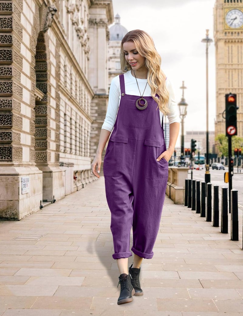 YESNO Women Long Casual Loose Bib Pants Overalls Baggy Rompers Jumpsuits with Pockets XL PV9 Purple - Image 3