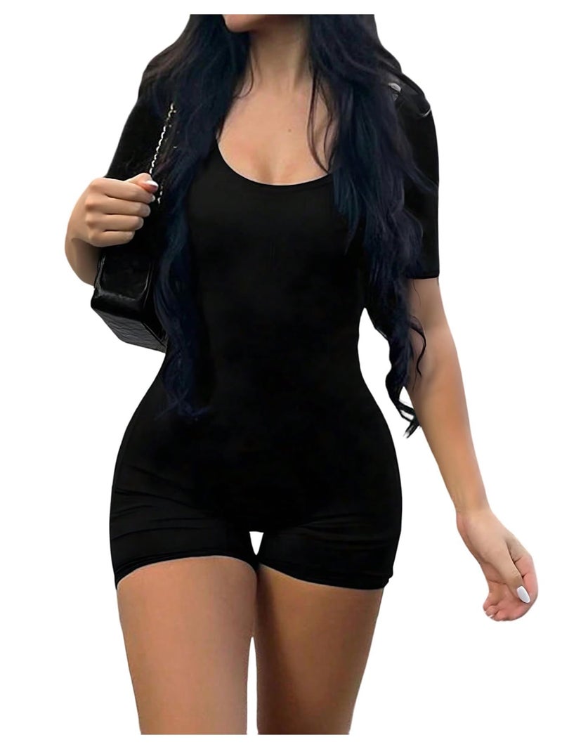 WDIRARA Women's Workout Yoga Bodycon Romper Short Sleeve Scoop Neck Shorts Jumpsuit Black Medium - Image 1