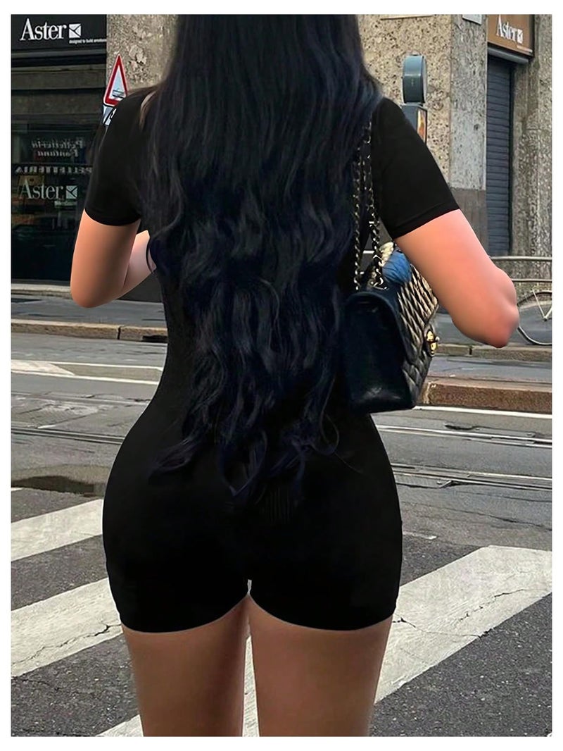 WDIRARA Women's Workout Yoga Bodycon Romper Short Sleeve Scoop Neck Shorts Jumpsuit Black Medium - Image 3