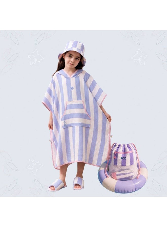 Reefi Lines Kids 4-Piece Hooded Cappa Set with Hat, Bag and Slippers - Mauve-Pink Striped - Image 1