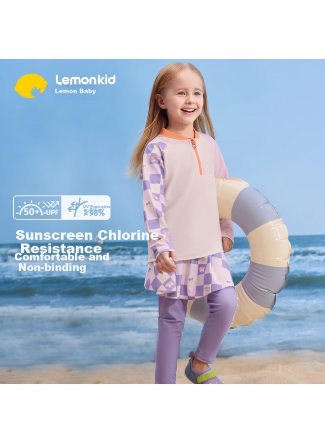 Lemonkid Children's Swimwear, Boys And Girls Swimsuit, Long-sleeve And Long-pants Two-piece Set, Sun Protection Baby Swimwear, Cream Purple, Size 130 - Image 1