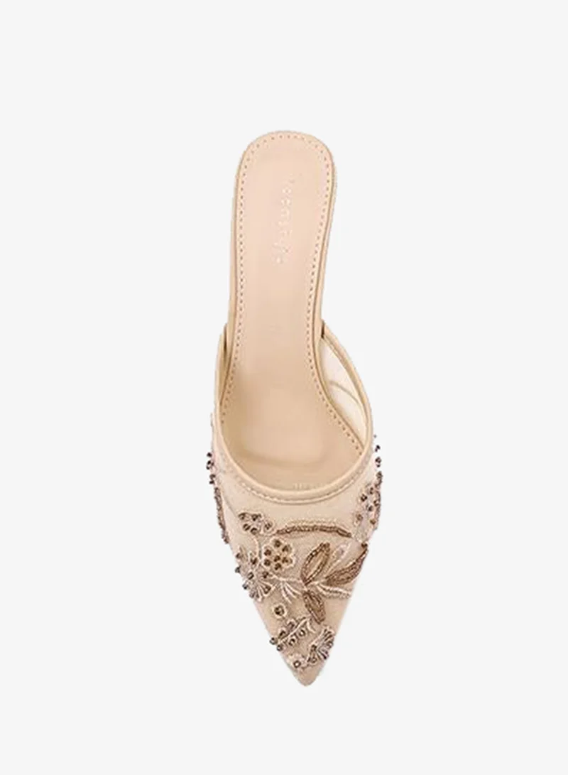 IconStyle Beige Womens floral embroidered heeled mules for Women | Best Price UAE