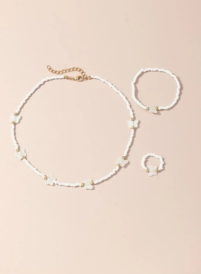 Take Two  Girls White Butterfly Charm Beaded Necklace, Bracelet and Ring Set for Women | Best Price UAE