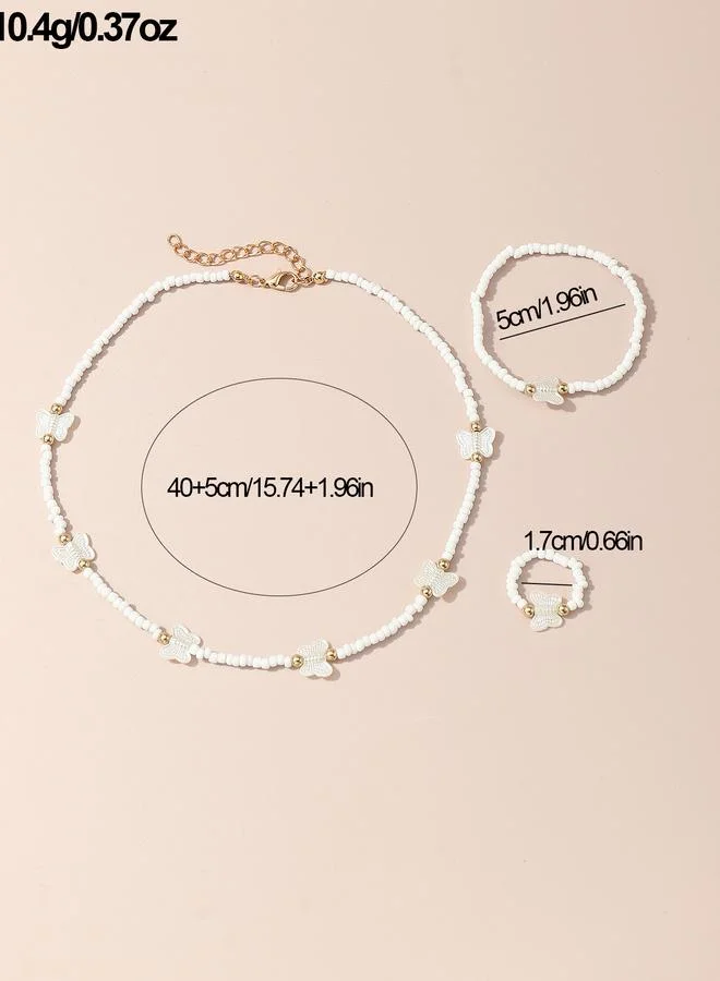 Take Two  Girls White Butterfly Charm Beaded Necklace, Bracelet and Ring Set for Women | Best Price UAE