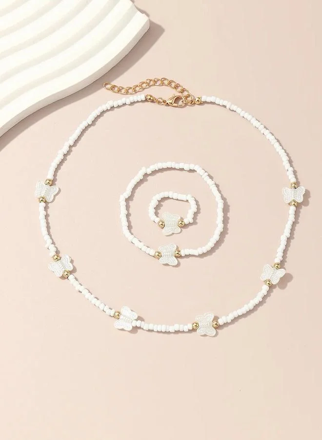 Take Two  Girls White Butterfly Charm Beaded Necklace, Bracelet and Ring Set for Women | Best Price UAE