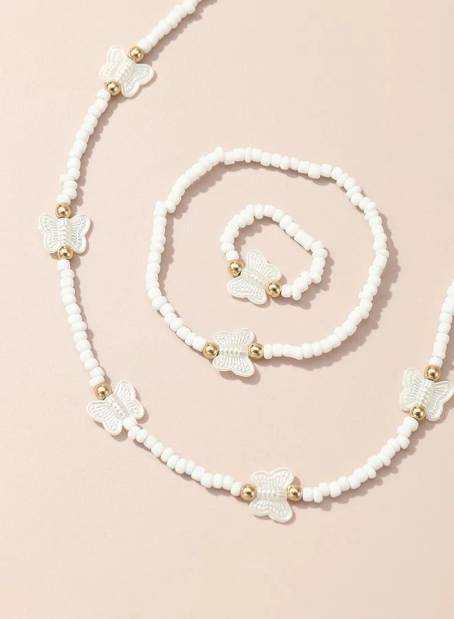 Girls White Butterfly Charm Beaded Necklace, Bracelet and Ring Set