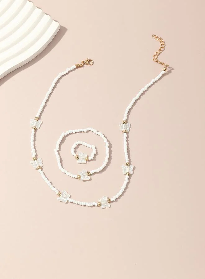 Take Two  Girls White Butterfly Charm Beaded Necklace, Bracelet and Ring Set for Women | Best Price UAE