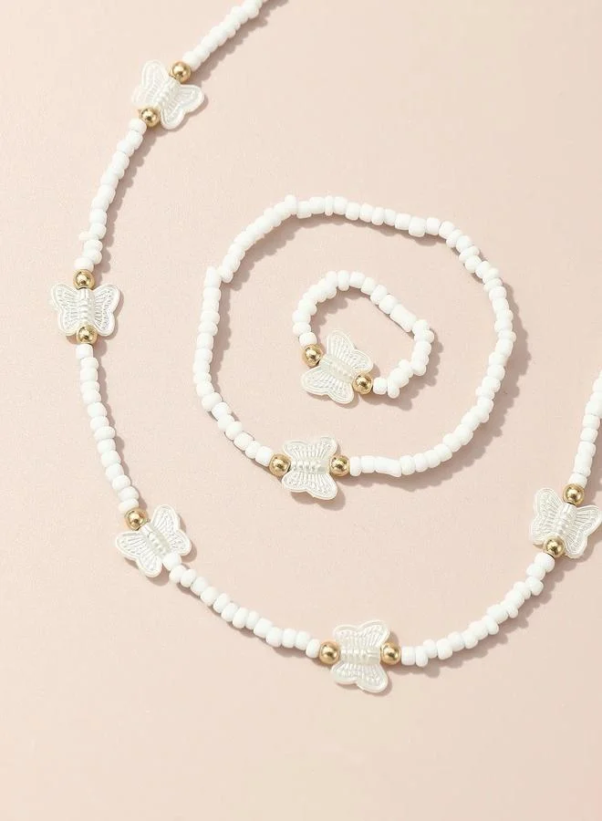 Take Two  Girls White Butterfly Charm Beaded Necklace, Bracelet and Ring Set for Women | Best Price UAE