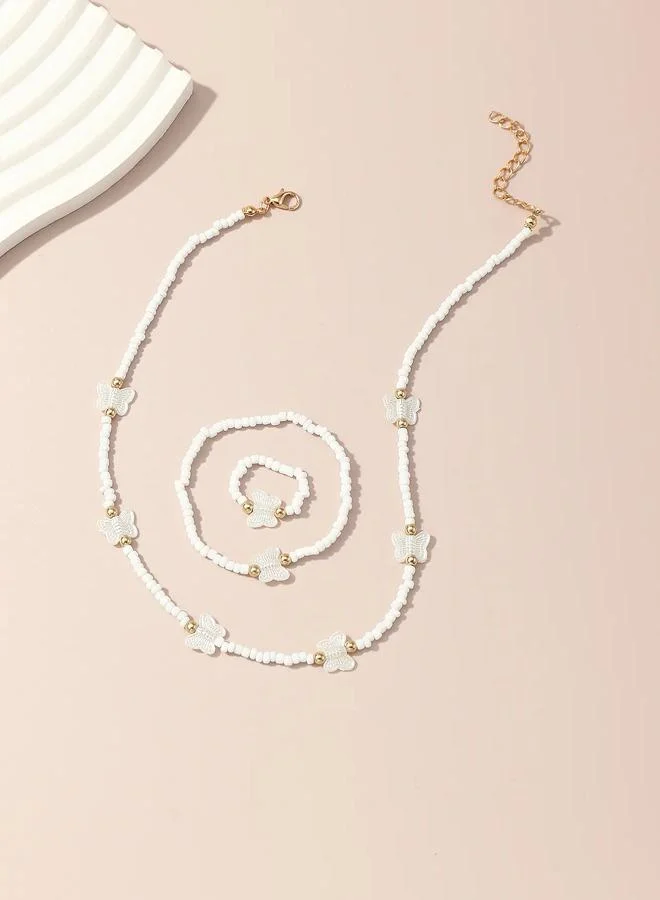 Take Two  Girls White Butterfly Charm Beaded Necklace, Bracelet and Ring Set for Women | Best Price UAE