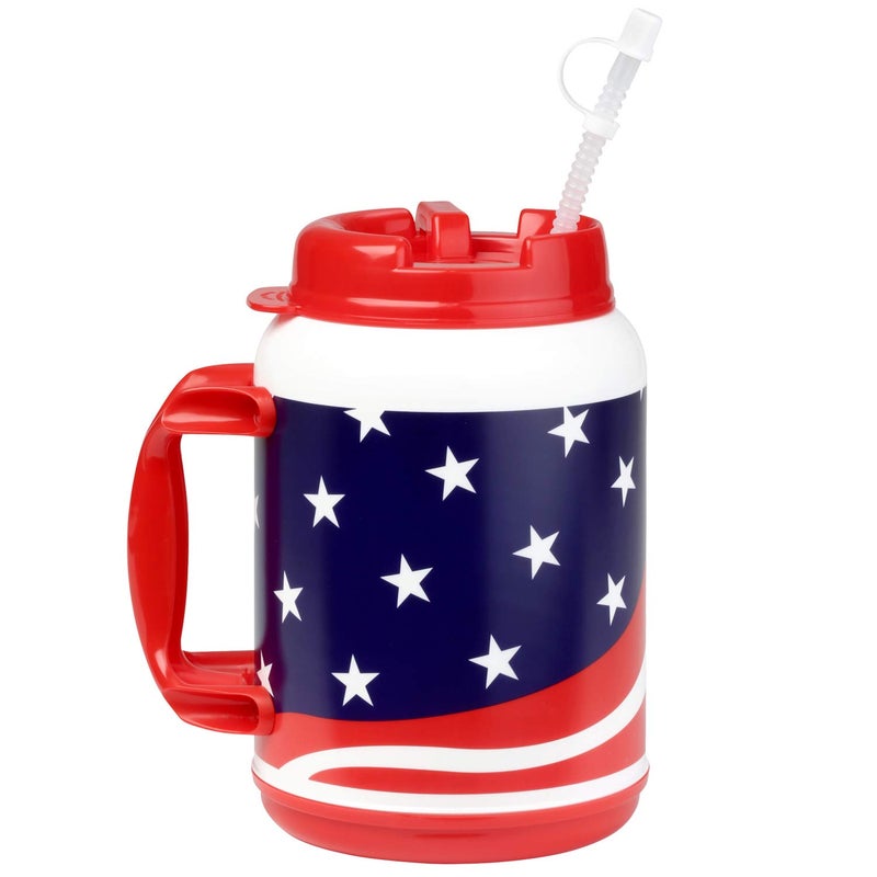 Plum Hill 64 Ounce Insulated Mug with Handle Flexible Straw with Cap Large Plastic Cup Big Trucker Mug Huge Cup USA Flag Patriotic