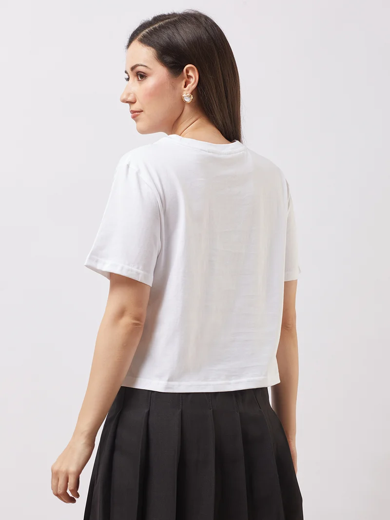 globus Women White Round Neck Short Sleeves Graphic Print Oversized T-Shirt