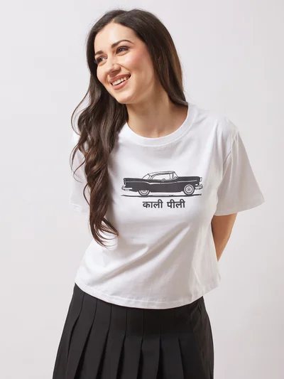 globus Women White Round Neck Short Sleeves Graphic Print Oversized T-Shirt