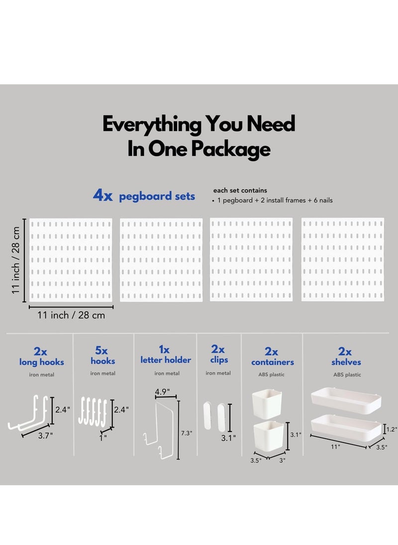 GUDOO - Pegboard Combination Kit 4 Pegboards and 14 Accessories Modular Hanging for Wall Organizer Crafts Organization Ornaments Display Nursery Storage 22" x 22" White  Peg Board - Image 1