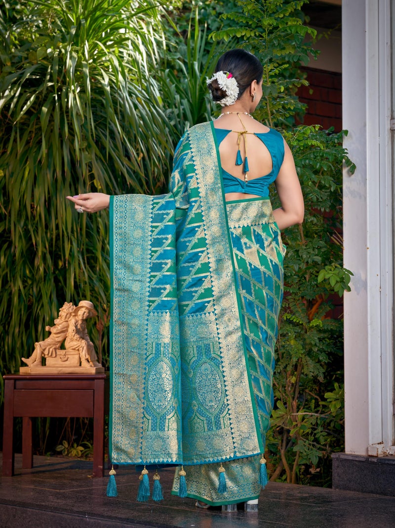 MANOHARI Women's Most Trendy Banarasi Satin Silk Woven Turquiose Blue Saree With Heavy Jacquard Work Saree With Blouse Piece_MN2042 - Image 3