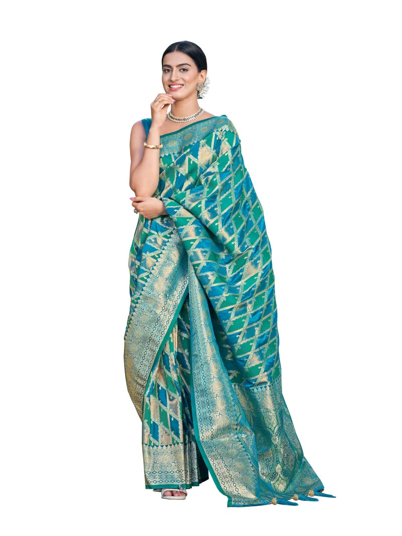 MANOHARI Women's Most Trendy Banarasi Satin Silk Woven Turquiose Blue Saree With Heavy Jacquard Work Saree With Blouse Piece_MN2042 - Image 1