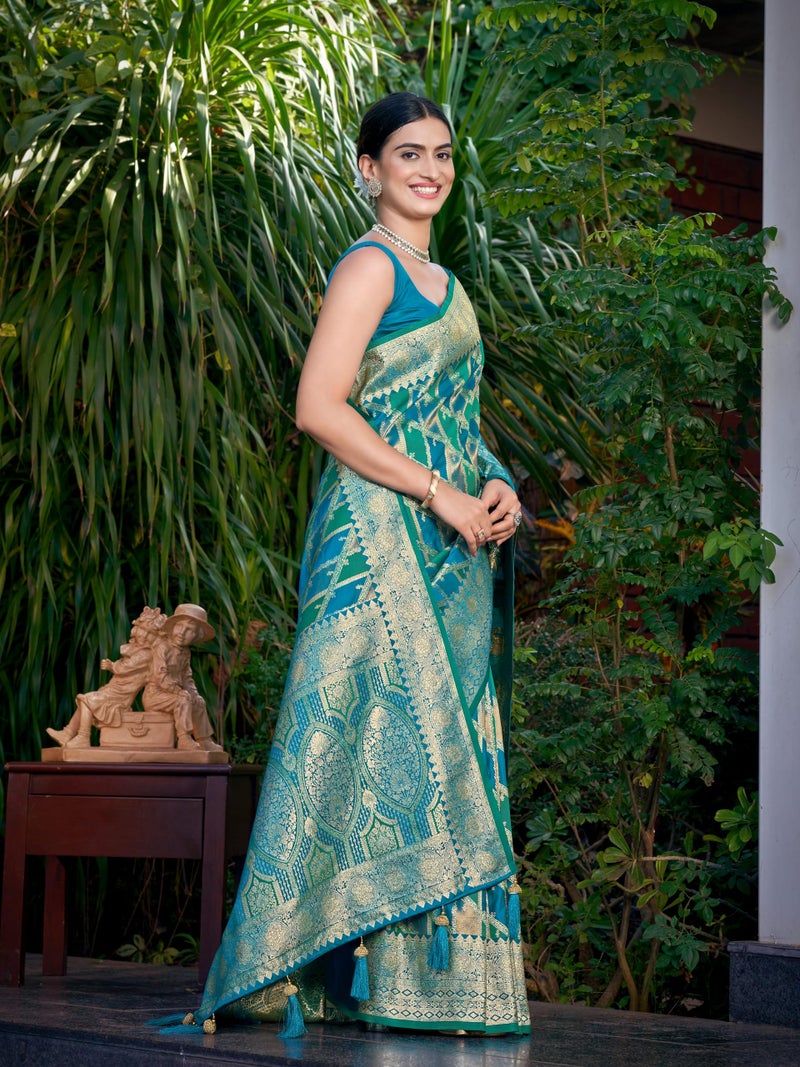 MANOHARI Women's Most Trendy Banarasi Satin Silk Woven Turquiose Blue Saree With Heavy Jacquard Work Saree With Blouse Piece_MN2042 - Image 4