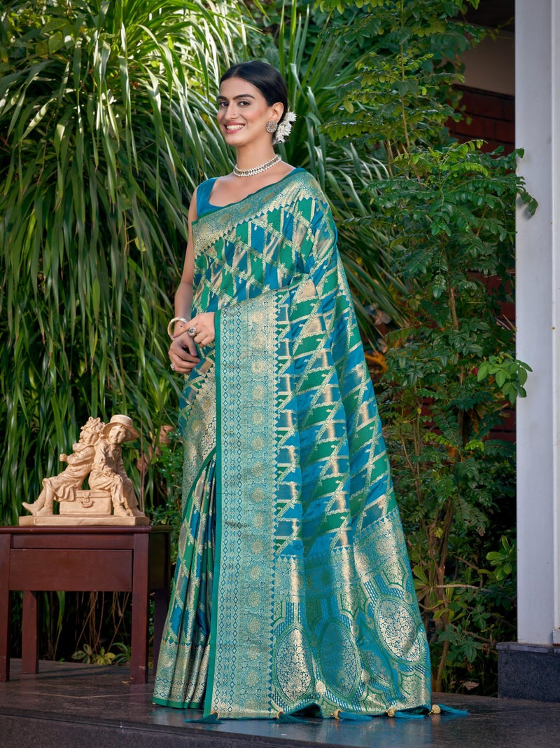 MANOHARI Women's Most Trendy Banarasi Satin Silk Woven Turquiose Blue Saree With Heavy Jacquard Work Saree With Blouse Piece_MN2042 - Image 2