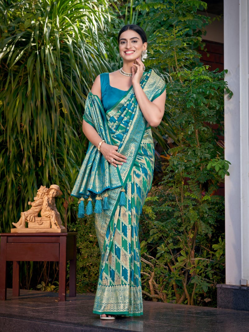 MANOHARI Women's Most Trendy Banarasi Satin Silk Woven Turquiose Blue Saree With Heavy Jacquard Work Saree With Blouse Piece_MN2042 - Image 5