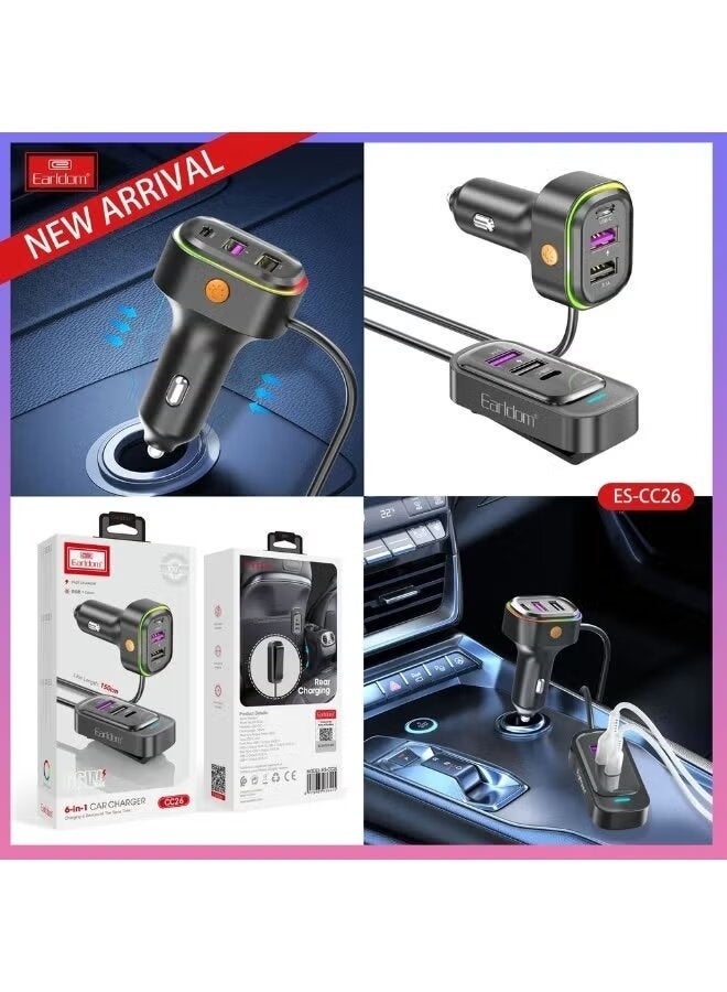 Earldom CC26 RGB 6-in-1 66W Multi-Port Car Charger With Fast Charging USB & Type-C Ports LED Ambient Light Smart Protection Compact Universal Car Charging Adapter for Smartphones Tablets GPS Dash Cameras - Image 4