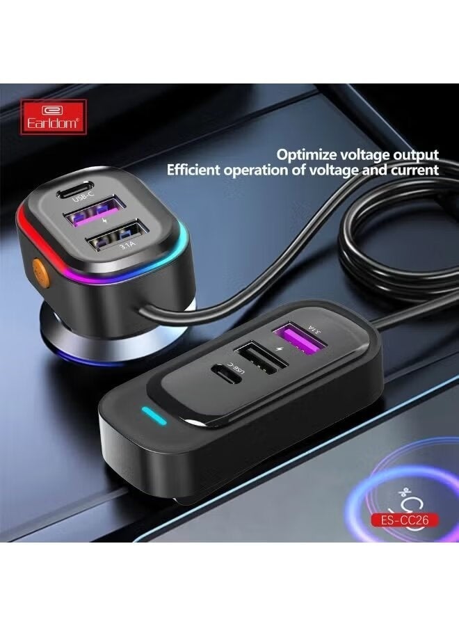 Earldom CC26 RGB 6-in-1 66W Multi-Port Car Charger With Fast Charging USB & Type-C Ports LED Ambient Light Smart Protection Compact Universal Car Charging Adapter for Smartphones Tablets GPS Dash Cameras - Image 2