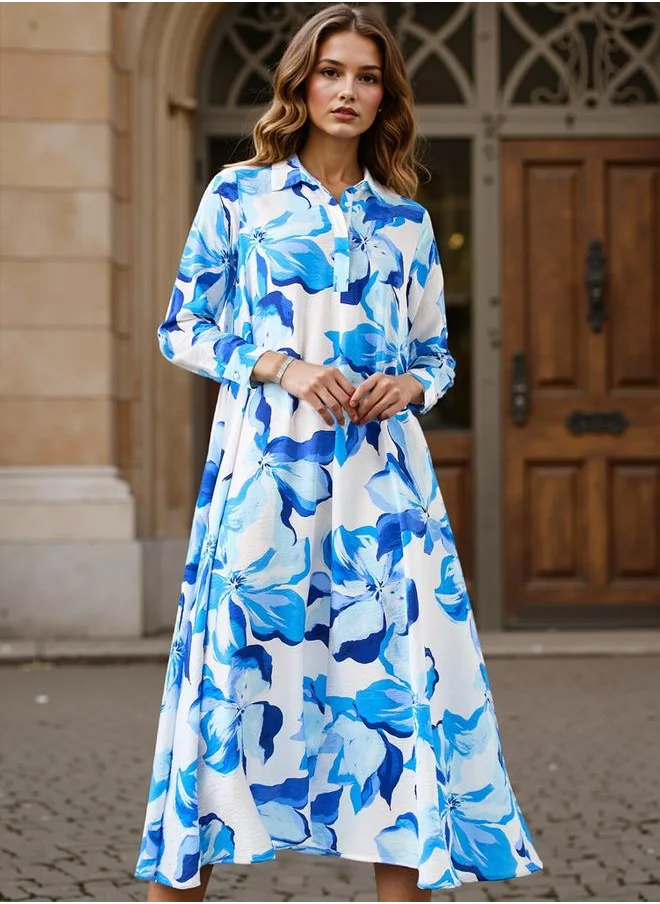 ايكونيك Iconic Floral Print Trapeze Maxi Dress with Collar and Long Sleeves