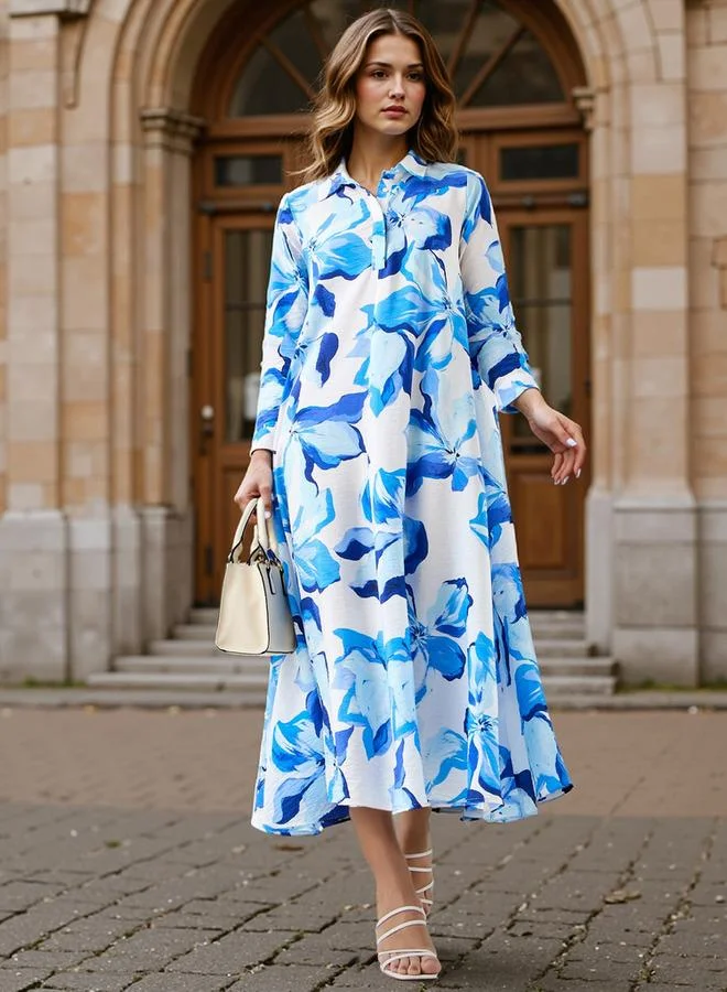 ايكونيك فستان ماكسي أيقوني بطبعة زهور، بياقة وأكمام طويلة