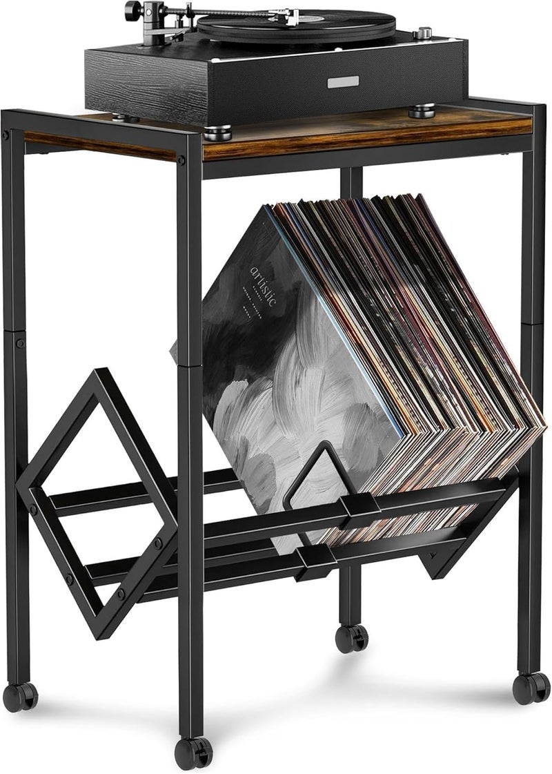 OGFC 25031 Space saving Record Player Stand, Vinyl Record Storage Cabinet with 2-Tier Storage 80-100 LP, Metal Vinyl Record Turntable Stand Record Player Table with Wheels for Albums - Image 4