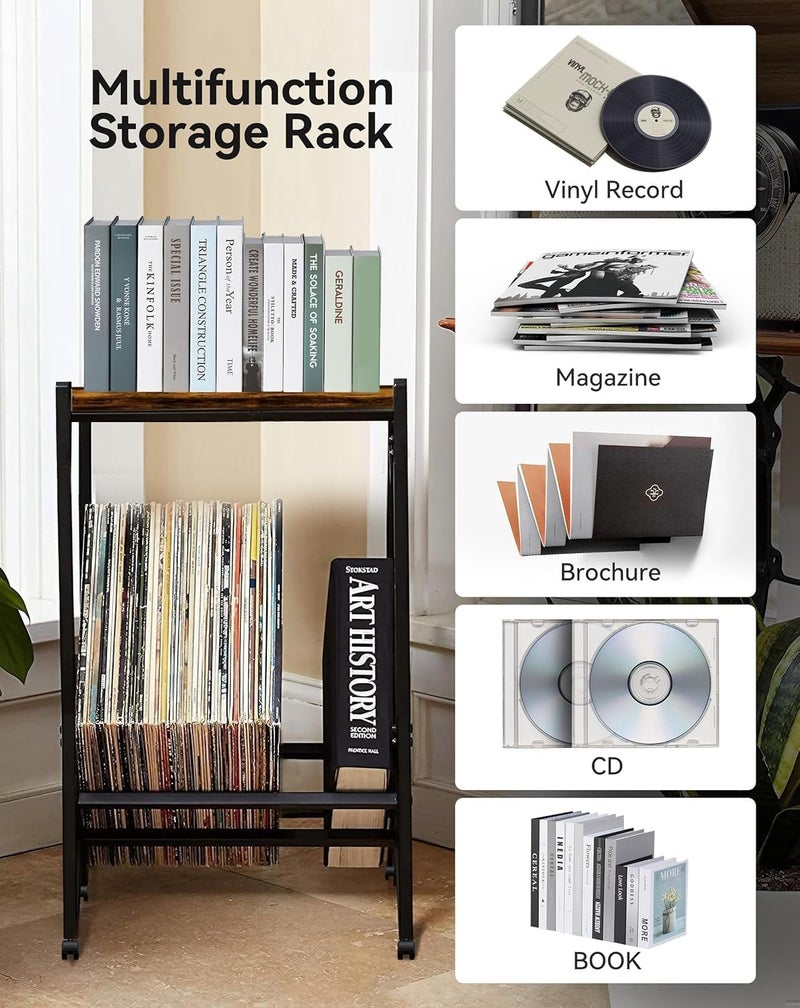 OGFC 25031 Space saving Record Player Stand, Vinyl Record Storage Cabinet with 2-Tier Storage 80-100 LP, Metal Vinyl Record Turntable Stand Record Player Table with Wheels for Albums - Image 5