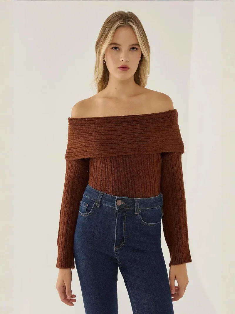 Hiccup Chestnut Brown Off Shoulder Knit Sweater for Women | Best Price UAE