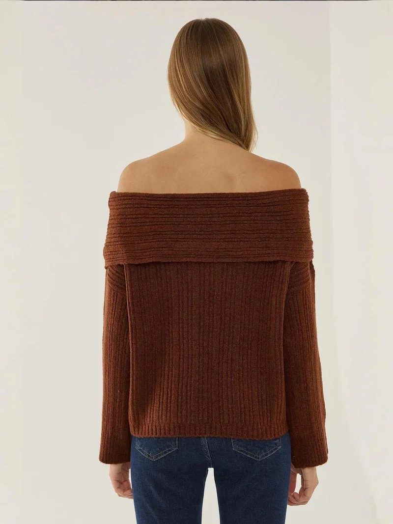 Hiccup Chestnut Brown Off Shoulder Knit Sweater for Women | Best Price UAE