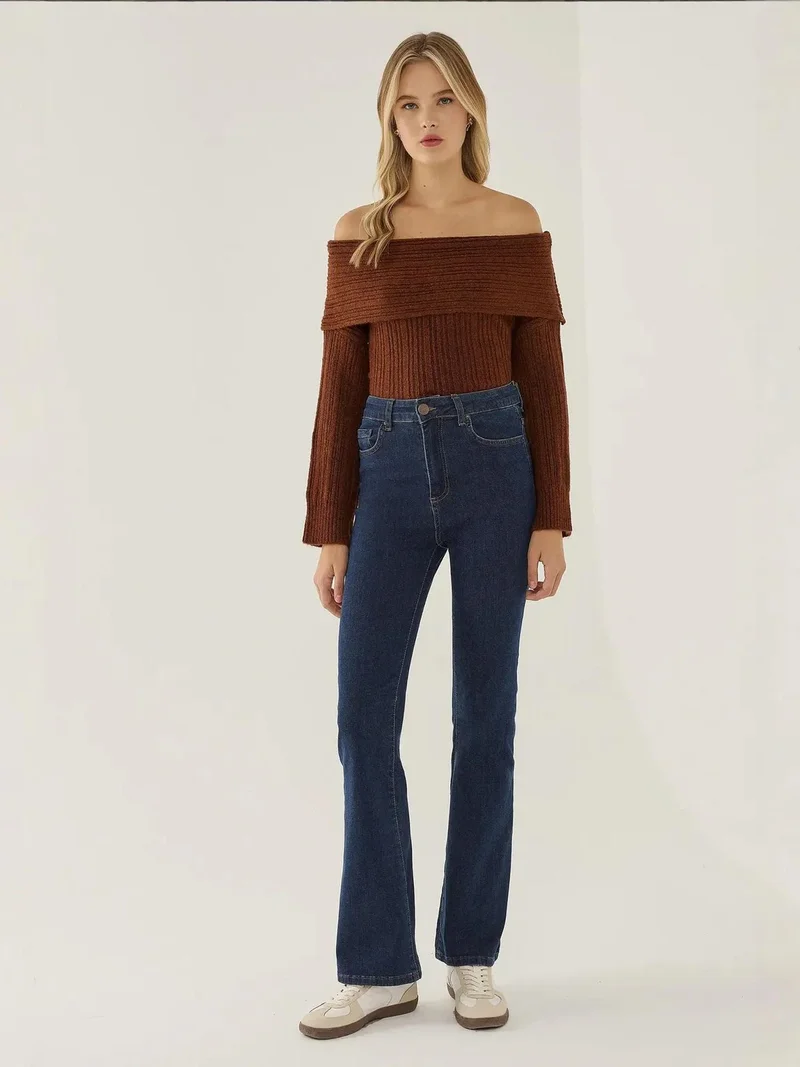 Hiccup Chestnut Brown Off Shoulder Knit Sweater for Women | Best Price UAE