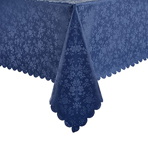 Romanstile Rectangle Vinyl Tablecloth,100% Waterproof Heavy Duty Oil Spill Proof Stain Resistant Plastic PU Table Cover with Flannel Backing for Kitchen, Dining (Rose Navy Blue, 60 x 84) - Image 1