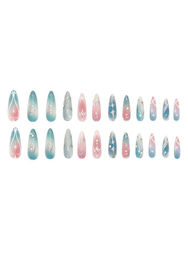 Mkwntg 24Pcs French Tip Press on Nails Medium Almond Fake Nails with 3D Metallic Irregular Line Star Design Green Pink Ombre Full Cover Glue on Nail Gradient Powder Blusher AcrylicNails for Women - Image 5