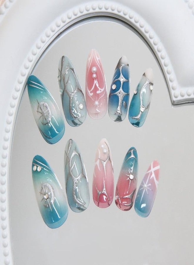 Mkwntg 24Pcs French Tip Press on Nails Medium Almond Fake Nails with 3D Metallic Irregular Line Star Design Green Pink Ombre Full Cover Glue on Nail Gradient Powder Blusher AcrylicNails for Women - Image 4