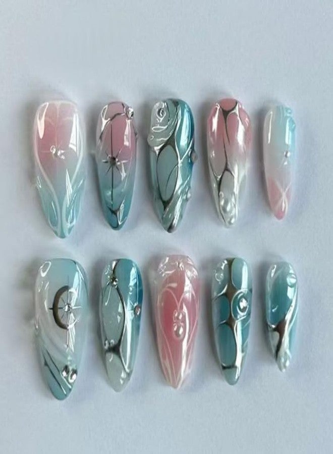 Mkwntg 24Pcs French Tip Press on Nails Medium Almond Fake Nails with 3D Metallic Irregular Line Star Design Green Pink Ombre Full Cover Glue on Nail Gradient Powder Blusher AcrylicNails for Women - Image 1
