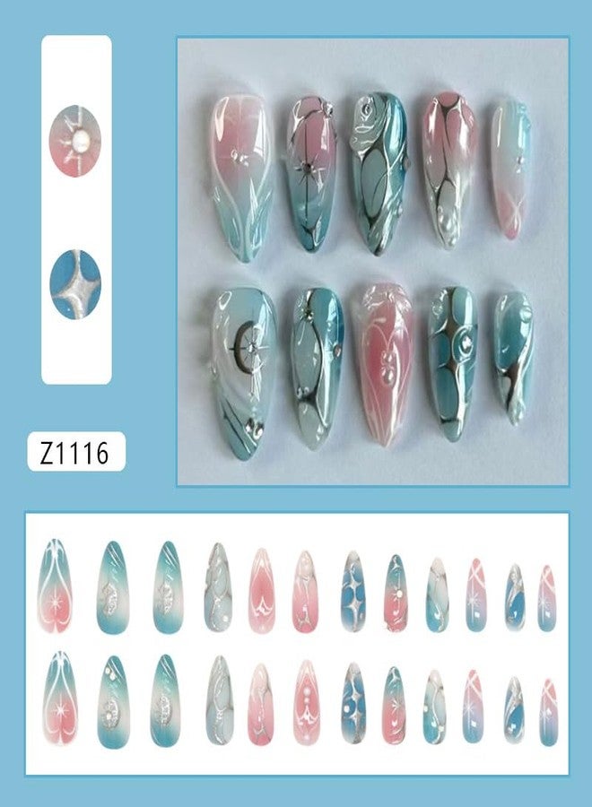 Mkwntg 24Pcs French Tip Press on Nails Medium Almond Fake Nails with 3D Metallic Irregular Line Star Design Green Pink Ombre Full Cover Glue on Nail Gradient Powder Blusher AcrylicNails for Women - Image 2