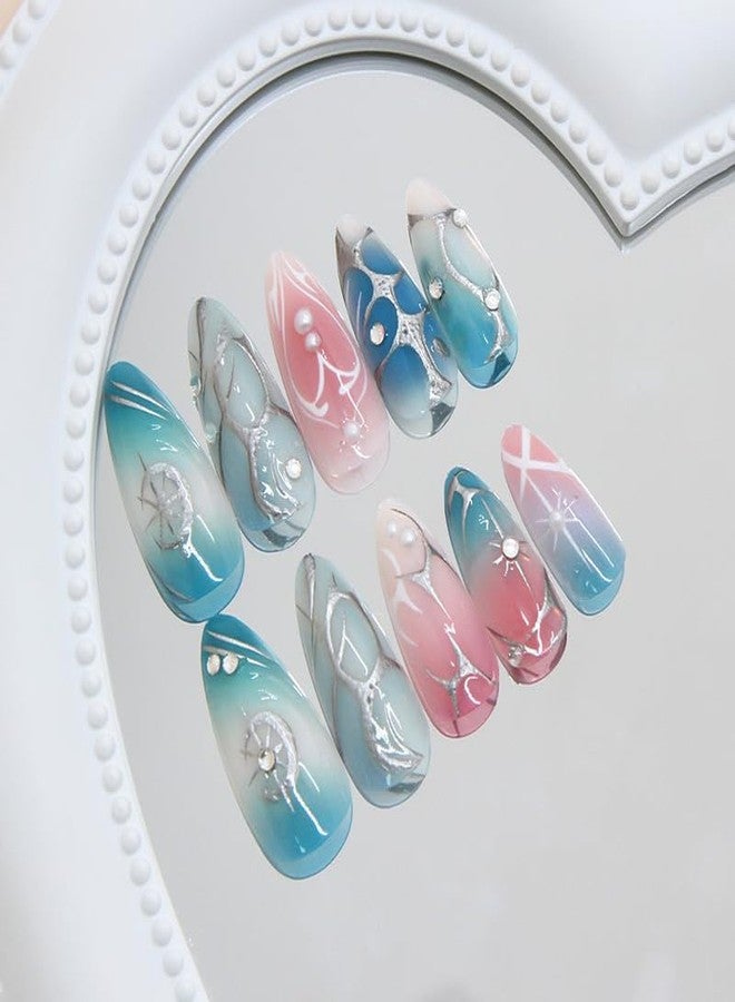 Mkwntg 24Pcs French Tip Press on Nails Medium Almond Fake Nails with 3D Metallic Irregular Line Star Design Green Pink Ombre Full Cover Glue on Nail Gradient Powder Blusher AcrylicNails for Women - Image 3