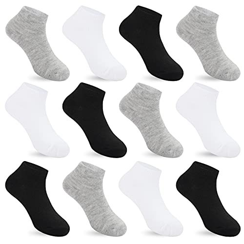 Auranso 12 Pairs Boy Athletic Ankle Socks Girl Low Cut Sock White Black Grey 9-12 Years - Image 1