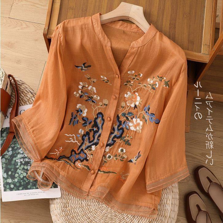 2025 New Spring and Summer Fashion Mid-Sleeve National Style Embroidered Cotton and Linen Shirt for Middle-aged and Elderly Women's Mothers - Image 3
