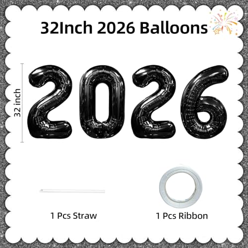 KALOR 32 Inch 2026 Black Foil Number Balloons 2026 New Years Decorations for 2026 Happy New Year Eve and Graduations Party Supplies - Image 5