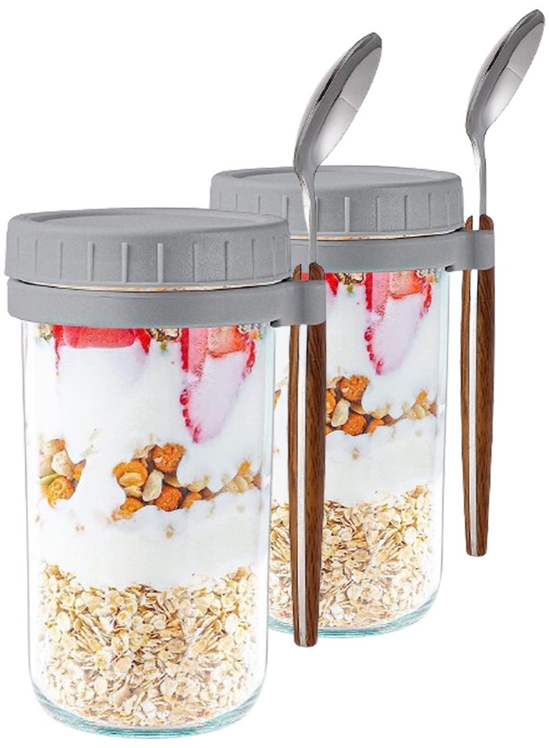 2PCS Overnight Oats Jars with Lid and Spoon Airtight Oatmeal Container with Measurement Marks Glass Jars with Airtight Lids for Cereal Yogurt and Parfait (600ml/20oz Grey)  - Image 1