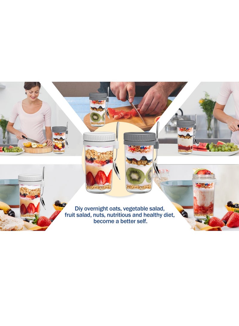 2PCS Overnight Oats Jars with Lid and Spoon Airtight Oatmeal Container with Measurement Marks Glass Jars with Airtight Lids for Cereal Yogurt and Parfait (600ml/20oz Grey)  - Image 5