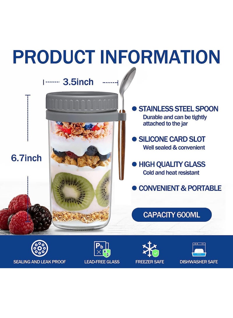 2PCS Overnight Oats Jars with Lid and Spoon Airtight Oatmeal Container with Measurement Marks Glass Jars with Airtight Lids for Cereal Yogurt and Parfait (600ml/20oz Grey)  - Image 2