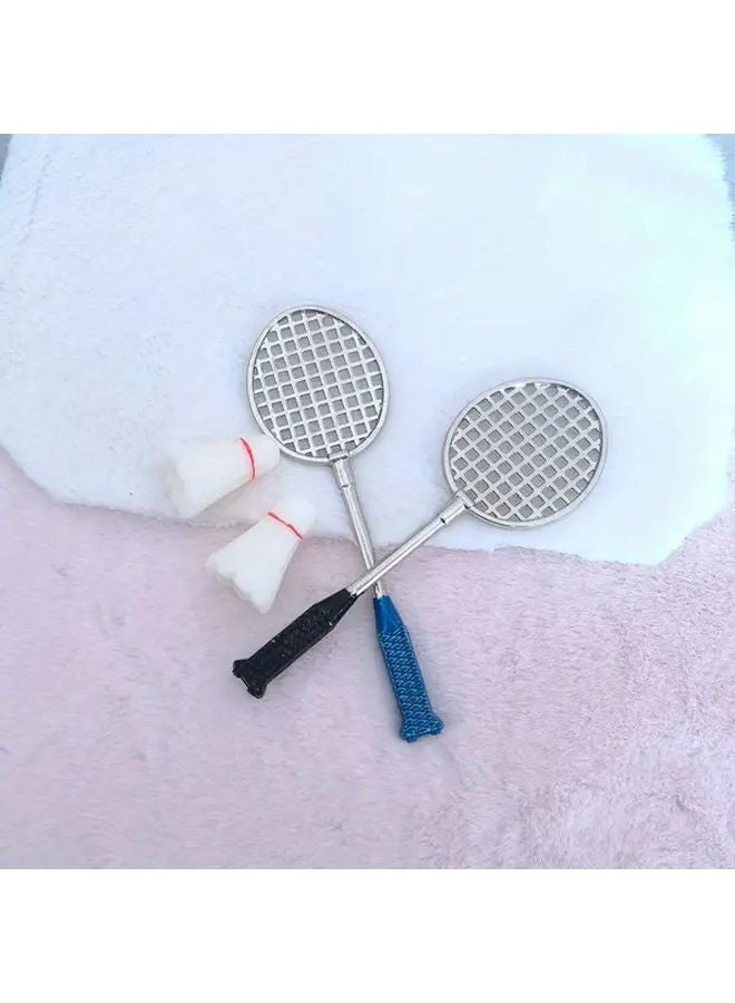 Set Of 2 Mini Badminton Rackets With 2 Balls Metal Feather Sports Dollhouse Decor - Image 2