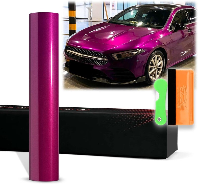 EZAUTO WRAP 12"x60" (قدم واحد × 5 أقدام) فيلم تغليف سيارات ذاتي اللصق من الفينيل فائق اللمعان المعدني باللون البنفسجي الجامي PET، تقنية إزالة الهواء الخالية من الفقاعات مع مجموعة الأدوات - Image 1